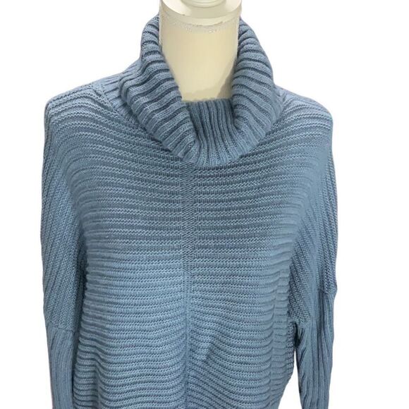 Joan Vass Blue Chunky Knit Cowl Neck Drop Shoulder Sweater Slit Sides Warm Sz M - Picture 2 of 7